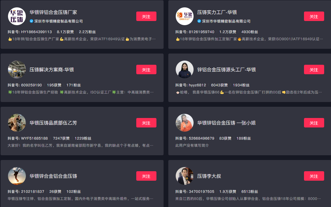 华银部分短视频账号